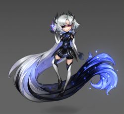 Rule 34 | 1girl, absurdly long hair, black dress, black hair, black shorts, blue hair, closed mouth, commentary, detached sleeves, dress, edg zoe, english commentary, gradient background, grey background, grey hair, grey thighhighs, hair ornament, hand up, heterochromia, highres, league of legends, long hair, multicolored hair, pink eyes, shorts, simple background, smile, solo, thighhighs, very long hair, vladbacescu, zoe (league of legends)