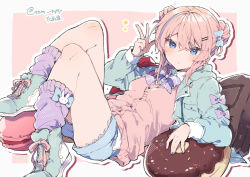 Rule 34 | 1girl, blue eyes, blue hair, blue nails, blush, bow, bowtie, commentary, double bun, doughnut, dress shirt, food, full body, hair between eyes, hair bow, hair bun, highres, ikeuchi tanuma, jacket, looking at viewer, lying, medium hair, multicolored clothes, multicolored hair, nail polish, original, parted lips, pillow, pink hair, pink nails, rije (ikeuchi tanuma), shirt, shoes, short shorts, shorts, signature, simple background, sneakers, socks, sweater vest, symbol-only commentary, v