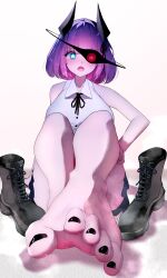 Rule 34 | 1girl, absurdres, barefoot, blue eyes, blush, boots, eyepatch, feet, highres, horns, looking at viewer, medium hair, nail polish, open mouth, purple hair, shoes, sleeveless, soles, star-shaped pupils, star (symbol), steam, sweat, symbol-shaped pupils, toes, unworn boots, unworn shoes, w (w64851564)