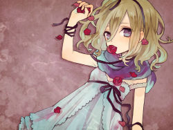 Rule 34 | 1girl, blonde hair, blue eyes, flower in mouth, hair ribbon, looking at viewer, lying, off shoulder, original, petals, ribbon, rose petals, solo, soto