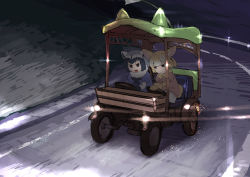 Rule 34 | 10s, 2girls, animal ears, black neckwear, blonde hair, blue shirt, bow, bowtie, car, closed mouth, commentary, common raccoon (kemono friends), driving, fennec (kemono friends), fox ears, fur collar, grey hair, hamushima, kemono friends, light, light particles, motor vehicle, multicolored hair, multiple girls, night, open mouth, pink shirt, puffy short sleeves, puffy sleeves, raccoon ears, road, shirt, short sleeves, skirt, smile, two-tone hair, vehicle focus, white skirt, yellow neckwear