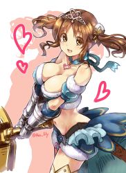 Rule 34 | 10s, 1girl, :d, bad id, bad pixiv id, bare shoulders, breasts, brown eyes, brown hair, crop top, gauntlets, granblue fantasy, highres, idolmaster, idolmaster cinderella girls, jewelry, large breasts, looking at viewer, midriff, navel, open mouth, paopao, pendant, shiny skin, smile, solo, sword, tiara, totoki airi, twintails, weapon