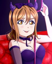 Rule 34 | 10s, 1girl, :p, bare shoulders, between breasts, blush, breasts, brown eyes, brown hair, choker, cleavage, closed mouth, commentary, demon horns, elbow gloves, fake horns, gloves, hair between eyes, hair ribbon, hairband, horns, kunikida hanamaru, long hair, love live!, love live! sunshine!!, medium breasts, polearm, ribbon, sleeveless, smug, solo, sooki, tongue, tongue out, trident, upper body, weapon