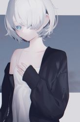 Rule 34 | 1girl, absurdres, bare shoulders, black jacket, blue eyes, breasts, closed mouth, dress, grey hair, hair over one eye, hand on own chest, highres, jacket, looking at viewer, migihidari (puwako), off shoulder, one eye covered, open clothes, open jacket, original, short hair, sleeveless, sleeveless dress, small breasts, solo, sundress, upper body