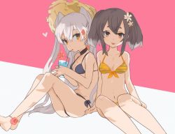 Rule 34 | 10s, 2girls, :p, agu, amatsukaze (kancolle), anklet, barefoot, bikini, black bikini, black hair, breasts, choker, cleavage, collarbone, colored eyelashes, cup, drinking, drinking glass, drinking straw, flower, front-tie top, hair flower, hair ornament, halterneck, heart, holding, jewelry, kantai collection, knees up, long hair, looking at viewer, multicolored hair, multiple girls, navel, orange eyes, silver hair, simple background, sitting, small breasts, striped bikini, striped clothes, swimsuit, tokitsukaze (kancolle), tongue, tongue out, twintails, two-tone hair, two side up