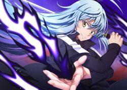 Rule 34 | 1other, absurdres, androgynous, black jacket, blue hair, closed mouth, crossed arms, fire, hair between eyes, highres, holding, holding sword, holding weapon, jacket, long hair, long sleeves, magic, pyrokinesis, rimuru tempest, sibato5, smile, straight hair, sword, tensei shitara slime datta ken, upper body, very long hair, weapon, yellow eyes