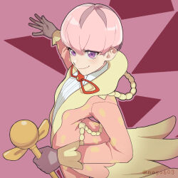 Rule 34 | 1boy, blush, cane, closed mouth, coat, collared shirt, commentary request, creatures (company), eyelashes, game freak, gloves, holding, holding cane, long sleeves, looking to the side, male focus, neck ribbon, nintendo, ortega (pokemon), pink coat, pink hair, pokemon, pokemon sv, purple eyes, red ribbon, ribbon, shirt, short hair, smile, solo, tokiba nagamu, twitter username, watermark, white shirt