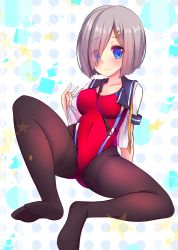 Rule 34 | 10s, 1girl, blue eyes, competition swimsuit, eyes visible through hair, grey hair, hair over one eye, hamakaze (kancolle), kantai collection, one-piece swimsuit, open clothes, open shirt, pantyhose, pantyhose under swimsuit, sailor collar, school uniform, serafuku, shirt, short hair, solo, spread legs, swimsuit, thighband pantyhose, yoshiheihe