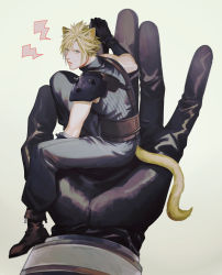 Rule 34 | 2boys, animal ears, annoyed, armor, baggy pants, belt, black gloves, blonde hair, blue eyes, blue pants, blue shirt, boooshow, boots, cat boy, cat ears, cat tail, cloud strife, final fantasy, final fantasy vii, final fantasy vii remake, full body, gloves, grey background, hair between eyes, highres, in palm, kemonomimi mode, looking at viewer, looking back, male focus, multiple belts, multiple boys, out of frame, pants, sephiroth, shirt, short hair, shoulder armor, sitting, sleeveless, sleeveless turtleneck, slit pupils, solo, solo focus, spiked hair, suspenders, sweatdrop, tail, turtleneck, yellow fur