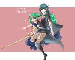 Rule 34 | 2girls, black footwear, black shorts, blue dress, blue eyes, blue hair, blunt bangs, boots, border, breasts, brown pantyhose, byleth (female) (fire emblem), byleth (fire emblem), closed mouth, clothing cutout, dress, fire emblem, fire emblem: three houses, green eyes, green hair, hair between eyes, high heel boots, high heels, holding, holding sword, holding weapon, pantyhose under shorts, letterboxed, long dress, long hair, looking at viewer, medium breasts, midriff, multiple girls, navel, nintendo, pantyhose, pink background, pointy ears, print pantyhose, robaco, short shorts, shorts, shoulder cutout, smile, sothis (fire emblem), stomach, sword, very long hair, weapon, white border