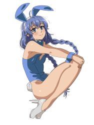 Rule 34 | 1girl, ahoge, animal ears, blue bow, blue bowtie, blue eyes, blue hair, blue leotard, blue wrist cuffs, blush, bow, bowtie, braid, breasts, commentary, fake animal ears, fake tail, full body, groin, hair between eyes, high heels, highleg, highleg leotard, highres, leotard, long hair, looking at viewer, mushoku tensei, nail polish, playboy bunny, rabbit ears, rabbit tail, ritomizuno, roxy migurdia, seiza, simple background, sitting, small breasts, smile, solo, stiletto heels, symbol-only commentary, tail, twin braids, very long hair, white background, white footwear, wrist cuffs