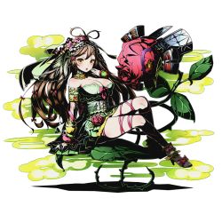 Rule 34 | 10s, 1girl, breasts, brown hair, choker, cleavage, divine gate, dress, eyebrows, floating hair, flower, full body, green dress, hair flower, hair ornament, high heels, ibara (divine gate), large breasts, long hair, looking at viewer, official art, open mouth, orange eyes, orange flower, pink flower, red flower, red ribbon, ribbon, shadow, shiny skin, sitting, solo, transparent background, ucmm, very long hair, wrist cuffs