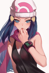Rule 34 | 1girl, absurdres, bare shoulders, beanie, black shirt, blue eyes, blue hair, blush, breasts, commentary request, creatures (company), dawn (pokemon), duplicate, game freak, grey background, hand on own chin, hat, highres, long hair, looking at viewer, md5 mismatch, medium breasts, nintendo, parted lips, pink scarf, pixel-perfect duplicate, pokemon, pokemon dppt, resolution mismatch, scarf, shiny skin, shirt, simple background, sleeveless, sleeveless shirt, solo, source smaller, teeth, torriet, upper body, white hat