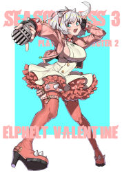 Rule 34 | 1girl, absurdres, ahoge, blue eyes, boots, breasts, elphelt valentine, full body, gloves, guilty gear, hairband, high heel boots, high heels, highres, holding, holding microphone, huge ahoge, jacket, large breasts, leather, leather jacket, long sleeves, looking at viewer, makai, microphone, music, open mouth, pink jacket, shoes, short hair, sideboob, singing, skirt, smile, solo, spiked hairband, spikes, white hair