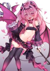 Rule 34 | 1girl, ahoge, antenna hair, bare shoulders, bat hair ornament, bat wings, belt, black skirt, black thighhighs, blush, breasts, collarbone, demon tail, gradient background, hair ornament, heart, heart-shaped pupils, highres, long hair, long sleeves, looking at viewer, navel, open mouth, original, pink eyes, pink hair, simple background, skindentation, skirt, small breasts, smile, solo, sunege (hp0715), symbol-shaped pupils, tail, thighhighs, wings