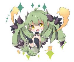Rule 34 | 1girl, :d, ahoge, ass, breasts, chibi, commentary request, dragon girl, dragon horns, dragon tail, dragon wings, dress, fang, full body, green dress, green hair, green wings, hair between eyes, horns, medium breasts, milkpanda, monster hunter (series), navel, no shoes, open clothes, open dress, open mouth, panties, personification, rathian, smile, soles, solo, sparkle, tail, thighhighs, underboob, underwear, white background, white panties, white thighhighs, wings, yellow eyes