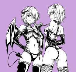 Rule 34 | 2girls, arms behind back, ass, bad id, bad pixiv id, bdsm, blush, bondage, bound, breasts, chain, collar, cuffs, demon girl, demon horns, demon tail, demon wings, elbow gloves, femdom, fish.boy, gloves, harness, horns, latex, leash, leather, medium breasts, monochrome, multiple girls, navel, original, pussy juice, short hair, smile, standing, tail, thighhighs, thong, underboob, wings, yuri