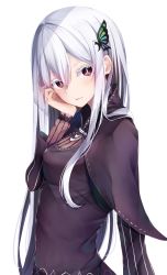 Rule 34 | 1girl, absurdres, black capelet, black dress, black eyes, blush, breasts, butterfly hair ornament, capelet, closed mouth, colored eyelashes, commentary request, dress, echidna (re:zero), hair between eyes, hair ornament, hand on own face, highres, long hair, long sleeves, looking at viewer, medium breasts, re:zero kara hajimeru isekai seikatsu, silver hair, simple background, solo, upper body, very long hair, white background, yuunamida uyu