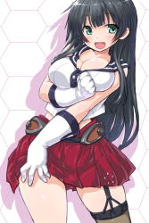 Rule 34 | 10s, 1girl, agano (kancolle), black hair, breasts, dd (ijigendd), gloves, green eyes, honeycomb (pattern), honeycomb background, honeycomb pattern, kantai collection, large breasts, long hair, miniskirt, open mouth, personification, school uniform, serafuku, single thighhigh, skirt, solo, thighhighs, white gloves