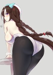 Rule 34 | 1girl, absurdres, alternate costume, anger vein, animal ears, ass, bare shoulders, bent over, beret, black pantyhose, blush, braid, breasts, brown hair, commentary request, detached collar, ear covers, hat, highleg, highleg leotard, highres, hokko tarumae (umamusume), horse ears, horse girl, horse tail, large breasts, leotard, long hair, looking at viewer, looking back, multicolored hair, nontraditional playboy bunny, pantyhose, pout, purple eyes, sideboob, simple background, solo, streaked hair, table, tail, twin braids, umamusume, very long hair, white background, white hair, white leotard, wrist cuffs, yuugatou (yuuzutu)
