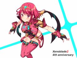Rule 34 | black gloves, breasts, chest jewel, earrings, f 1chan, fingerless gloves, gloves, jewelry, large breasts, pyra (xenoblade), red eyes, red hair, red shorts, red thighhighs, short hair, short shorts, shorts, solo, swept bangs, thighhighs, tiara, xenoblade chronicles (series), xenoblade chronicles 2