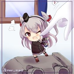 Rule 34 | 10s, 1boy, 1girl, admiral (kancolle), amatsukaze (kancolle), annoyed, bad id, bad pixiv id, cheek poking, chibi, dress, flailing, gloves, hair tubes, hat, kantai collection, long hair, long sleeves, multicolored clothes, multicolored legwear, musical note, nor nao, one eye closed, open mouth, out of frame, poking, sailor collar, sailor dress, silver hair, spoken musical note, striped legwear, twitter username, two side up, wavy mouth