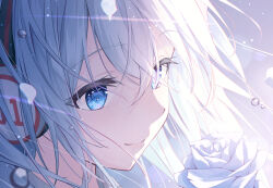 Rule 34 | 1girl, absurdres, backlighting, blue eyes, blush, close-up, closed mouth, commentary, crossed bangs, daidai (daidai826), eyelashes, flower, green hair, hair between eyes, hatsune miku, headphones, highres, light particles, long hair, looking at flowers, nose, rose, sidelocks, smile, solo, twitter username, vocaloid, water drop, white flower, white rose