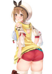 Rule 34 | 1girl, ass, atelier (series), atelier ryza, bare shoulders, blush, breasts, brown eyes, brown hair, from behind, hat, highres, hofumaso, holster, large breasts, looking at viewer, open mouth, pantylines, red shorts, reisalin stout, short hair, short shorts, shorts, sideboob, solo, thigh holster, thighhighs