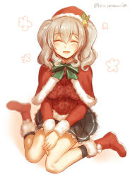 Rule 34 | 1girl, :d, ^ ^, bell, black skirt, black socks, boots, capelet, closed eyes, facing viewer, flower, full body, full moon, fur-trimmed boots, fur-trimmed sleeves, fur trim, hair bell, hair ornament, happy, hat, holly, kantai collection, kashima (kancolle), knee boots, kneehighs, long hair, long sleeves, medium hair, mika (1020mk), miniskirt, moon, open mouth, own hands together, pleated skirt, red footwear, red hat, red sweater, ribbed sweater, santa hat, silver hair, skirt, smile, socks, solo, sweater, twintails, twitter username, wavy hair, white background
