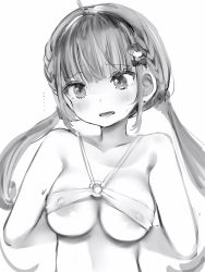 Rule 34 | 1girl, ahoge, arms behind back, bad id, bad pixiv id, bikini, blush, braid, breasts, covered erect nipples, greyscale, hair ornament, highres, hololive, large breasts, low twintails, minato aqua, monochrome, nanashi (nlo), o-ring, o-ring bikini, open mouth, simple background, solo, swimsuit, twintails, tying, upper body, virtual youtuber, white background