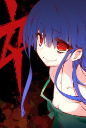 Rule 34 | 1girl, bare shoulders, black background, blood, blood splatter, blue hair, blunt bangs, blunt ends, breasts, bright pupils, camisole, cleavage, close-up, collarbone, colored eyelashes, commentary request, crazy eyes, crazy smile, eyelashes, eyes visible through hair, furude rika, green camisole, highres, higurashi no naku koro ni, long hair, looking at viewer, parted lips, red eyes, sidelocks, simple background, small breasts, smile, smirk, solo, spoilers, straight hair, strap slip, suzuragi karin, upturned eyes