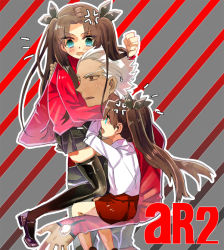 Rule 34 | 1boy, 2girls, aged down, anger vein, archer (fate), black legwear, blue eyes, brown eyes, brown hair, carrying, child, dual persona, fate/stay night, fate/zero, fate (series), hair ribbon, multiple girls, orbe, ribbon, thighhighs, time paradox, tohsaka rin, two side up, white hair