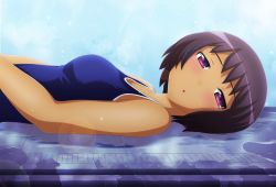 Rule 34 | 1girl, blue one-piece swimsuit, blush, breasts, competition school swimsuit, dokurou skull, highres, kami nomi zo shiru sekai, lens flare, looking at viewer, lying, nikaidou yuri, on back, one-piece swimsuit, parted lips, pool, poolside, purple eyes, purple hair, school swimsuit, short hair, solo, swimsuit, tan, von-cx, water