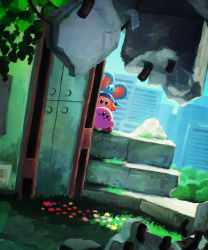 Rule 34 | abandoned, absurdres, bandana, bandana waddle dee, blue bandana, building, bush, city, concrete, day, elfilin, flower, grass, highres, kirby, kirby (series), kirby and the forgotten land, leaf, looking to the side, nintendo, open mouth, outdoors, revision, rock, scenery, sky, suyasuyabi