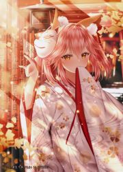 Rule 34 | 10s, 1girl, absurdres, animal ear fluff, animal ears, blurry, blurry foreground, blush, brown eyes, cherry blossom print, commentary request, covered mouth, depth of field, fate/extra, fate (series), floral print, fox ears, fox mask, fox shadow puppet, hair between eyes, hand up, highres, japanese clothes, junpaku karen, kimono, long hair, long sleeves, looking at viewer, mask, mask on head, official alternate costume, pink hair, pixiv id, print kimono, solo, tamamo (fate), tamamo no mae (fate/extra), tamamo no mae (fox&#039;s night dream) (fate), torii, white kimono, wide sleeves