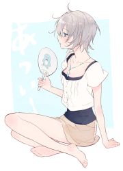 Rule 34 | 10s, 1girl, anastasia (idolmaster), arm support, barefoot, blue eyes, blush, breasts, cleavage, collarbone, feet, hand fan, idolmaster, idolmaster cinderella girls, inko (mini), jewelry, legs, necklace, open mouth, paper fan, short hair, silver hair, simple background, sitting, skirt, small breasts, soles, solo, sweat, toes, uchiwa