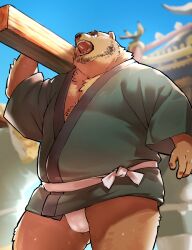 Rule 34 | 1boy, abs, bara, bear boy, beard stubble, big belly, brown fur, bulge, carrying over shoulder, covered testicles, donabe 127, facial hair, fat, fat man, from below, frown, fundoshi, furry, furry male, gluteal fold, happi, highres, japanese clothes, looking ahead, male focus, mature male, nipples, original, pectoral cleavage, pectorals, short hair, sideburns, solo, standing, stubble, summer festival, sweat, thick thighs, thighs, very sweaty