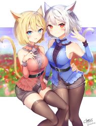 Rule 34 | absurdres, animal ear fluff, animal ears, black legwear, blonde hair, blue eyes, blue shirt, blurry, blurry background, blush, breasts, cat ears, cat tail, chess11, commission, detached sleeves, final fantasy, final fantasy xiv, flower, hand on another&#039;s hip, hand on own chest, highres, looking at viewer, medium breasts, open mouth, pantyhose, red eyes, red shirt, shirt, short hair, shorts, signature, silver hair, sitting, skeb commission, smile, tail, thighhighs, thighs, warrior of light (ff14)