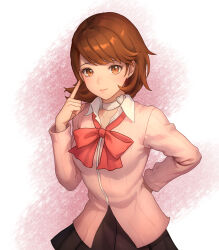 Rule 34 | 1girl, absurdres, arm behind back, black skirt, bow, bowtie, brown eyes, brown hair, cardigan, choker, closed mouth, collared shirt, commentary request, earrings, hand up, heart, heart choker, highres, index finger raised, jewelry, long sleeves, looking at viewer, pearl earrings, persona, persona 3, persona 3 reload, pigsir13152, pink cardigan, pointing, pointing at self, red bow, red bowtie, shirt, short hair, skirt, smile, solo, stud earrings, swept bangs, takeba yukari, upper body, white choker, white shirt