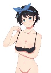 Rule 34 | 1girl, aqua eyes, areola slip, arm under breasts, black bra, black hair, blush, bow, bra, bra pull, breasts, cleavage, closed mouth, clothes pull, coro fae, hair bow, highres, kanojo okarishimasu, looking at viewer, medium breasts, navel, out-of-frame censoring, sarashina ruka, short hair, simple background, smile, solo, underwear, white background