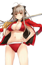 Rule 34 | 10s, 1girl, absurdres, amagi brilliant park, antenna hair, bikini, bow, breasts, brown eyes, brown hair, cleavage, female focus, from below, gun, hair bow, hand on own hip, highres, jacket, jacket on shoulders, large breasts, long hair, looking at viewer, nakajima yuka, navel, o-ring, o-ring bikini, over shoulder, ponytail, red bikini, rifle, scan, sento isuzu, simple background, solo, swimsuit, weapon, weapon over shoulder, white background