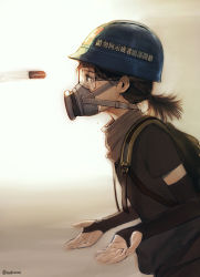 Rule 34 | 1girl, absurdres, backpack, bag, black shirt, bullet, chinese text, cross, crying, crying with eyes open, detached sleeves, gas mask, gradient background, helmet, highres, looking to the side, mask, mimiszeto, original, outstretched hand, ponytail, real life, red cross, safety glasses, scarf, shirt, signature, standing, t-shirt, tears, traditional chinese text, translation request