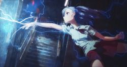 Rule 34 | 1girl, action, alphabet (alphabetnoon), bad id, bad pixiv id, blouse, blue eyes, blue hair, collared shirt, commentary, dark, electricity, highres, long hair, neck ribbon, original, outstretched arm, profile, ribbon, school uniform, shirt, short sleeves, skirt, solo, sparks, stairs, standing, standing on one leg, white shirt