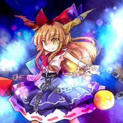 Rule 34 | 1girl, belt, bow, bowtie, buttons, chain, closed mouth, commentary request, cowboy shot, hair bow, horn ornament, horn ribbon, horns, ibuki suika, long hair, oni, orange hair, outstretched arms, pote (ptkan), purple skirt, red bow, red bowtie, ribbon, shirt, sidelocks, single horn, skirt, sleeveless, sleeveless shirt, slit pupils, solo, spread arms, torn clothes, torn sleeves, touhou, very long hair, white shirt, yellow eyes