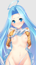 Rule 34 | 1girl, ahoge, blue eyes, blue hair, breasts, bridal gauntlets, clothes lift, dress, dress lift, forehead, granblue fantasy, groin, hair intakes, hands on own chest, highres, lifted by self, long hair, lyria (granblue fantasy), navel, nipples, no panties, out-of-frame censoring, pout, small breasts, solo, stomach, tears, unosuke, very long hair, white dress