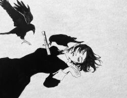 Rule 34 | 1girl, bird, closed eyes, closed mouth, commentary request, crow, death, dress, grey background, greyscale, guro, highres, imminent death, injury, kgeroua, knife in chest, lipstick, long sleeves, makeup, monochrome, original, short hair, solo, unconscious