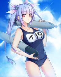 Rule 34 | 10s, 1girl, blue hair, breasts, cloud, collarbone, covered navel, cowboy shot, day, gradient hair, hair ornament, hair ribbon, holding, i-19 (kancolle), kantai collection, large breasts, long hair, looking at viewer, multicolored hair, name tag, one-piece swimsuit, over shoulder, pink hair, red eyes, ribbon, school swimsuit, school uniform, sky, skyk, solo, star-shaped pupils, star (symbol), swimsuit, symbol-shaped pupils, torpedo, twintails, yue teitoku