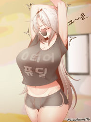 Rule 34 | 1girl, abs, armpits, artist name, ass, blush, breasts, character request, cleavage, closed mouth, crop top, demon slayer (dungeon and fighter), dungeon and fighter, closed eyes, female focus, female slayer (dungeon and fighter), highres, korean text, large breasts, long hair, looking over eyewear, looking over glasses, navel, orangegoon, short shorts, shorts, solo, sound effects, stretching, sunglasses, tagme, thick thighs, thighs, tinted eyewear, white hair