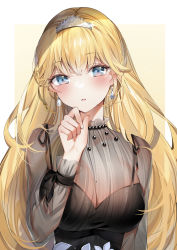 Rule 34 | 1girl, absurdres, black dress, blonde hair, blue eyes, breasts, cleavage, dress, earrings, hair down, hand on own chin, highres, hololive, hololive english, jewelry, large breasts, long hair, mole, mole on breast, necklace, open mouth, see-through, see-through dress, see-through sleeves, solo, tiara, upper body, very long hair, virtual youtuber, watson amelia, watson amelia (party dress), wavy hair, yukineko1018