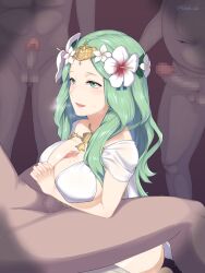 Rule 34 | 1girl, 3boys, absurdres, alternate costume, artist name, ass, bikini, blade ride, breasts, breath, cape, censored, cleavage, clothed female nude male, fire emblem, fire emblem: three houses, fire emblem heroes, flower, green eyes, green hair, hair flower, hair ornament, hetero, highres, kneeling, large breasts, long hair, looking at another, matching hair/eyes, mosaic censoring, multiple boys, muscular, muscular male, navel, nintendo, nude, official alternate costume, open mouth, paizuri, penis, praying, rhea (fire emblem), rhea (summer) (fire emblem), smile, solo focus, swimsuit, testicles, twitter username, white bikini